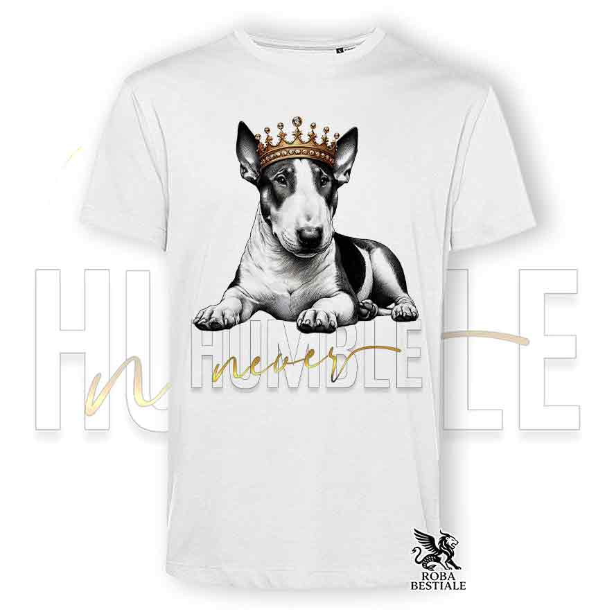 T-shirt stampata con un Bull Terrier, colore bianco con grafica Never Humble