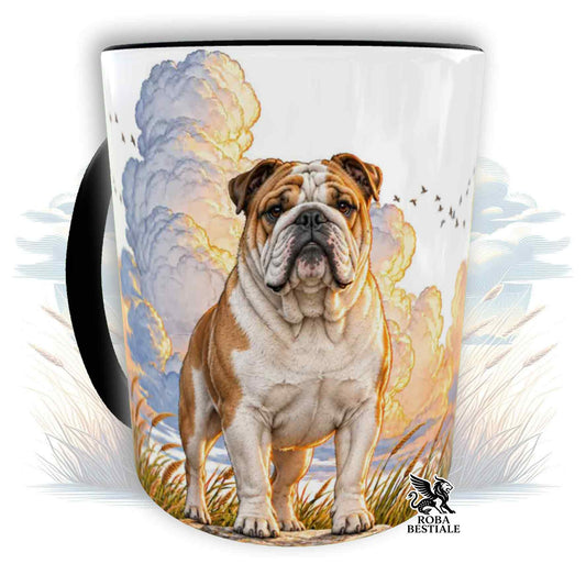 Tazza bianca con Bulldog inglese e nuvole arancioni, logo Roba Bestiale.