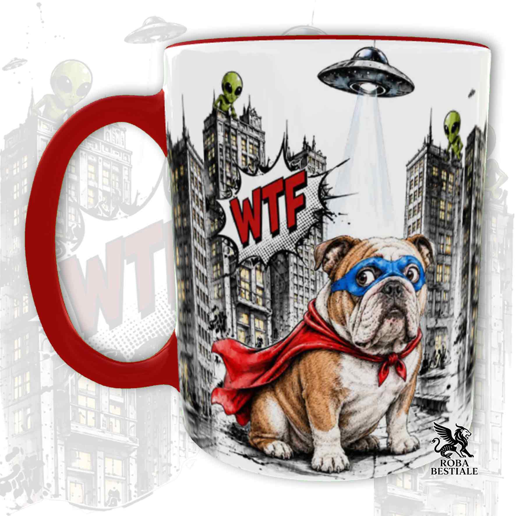 Tazza rossa stampata con un Bulldog Inglese con espressione sorpresa, vestito da Super Eroe. Grafica originale Roba Bestiale, collezione Hero