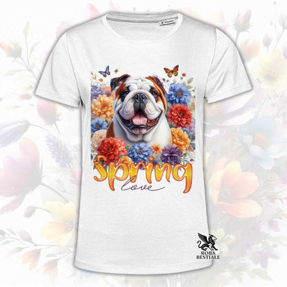 Una t-shirt bianca stampata con un Bulldog Inglese immerso in fiori colorati. Collezione Spring Love di Roba Bestiale