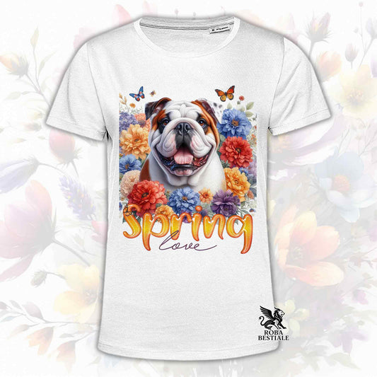Una t-shirt bianca stampata con un Bulldog Inglese immerso in fiori colorati. Collezione Spring Love di Roba Bestiale