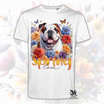 Una t-shirt bianca stampata con un Bulldog Inglese immerso in fiori colorati. Collezione Spring Love di Roba Bestiale