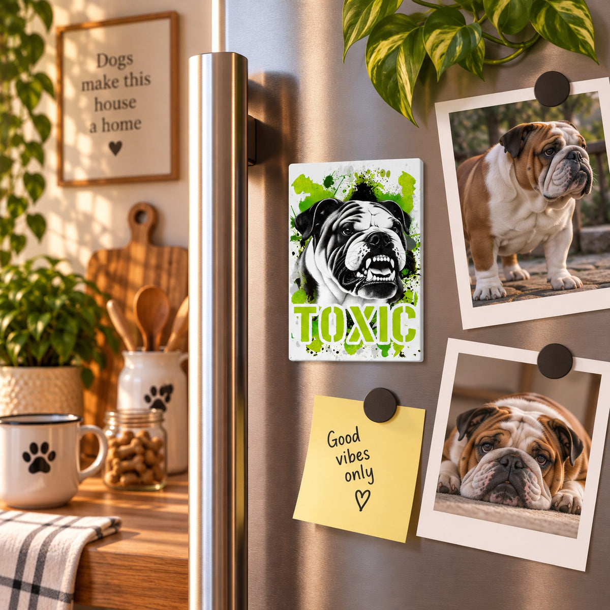 Calamita in MDF con la stampa di un Bulldog Inglese. Idea regalo per amanti dei cani, da Roba Bestiale