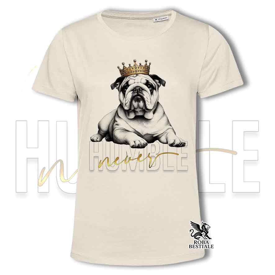 T-shirt stampata con un Bulldog Inglese, colore beige con grafica Never Humble