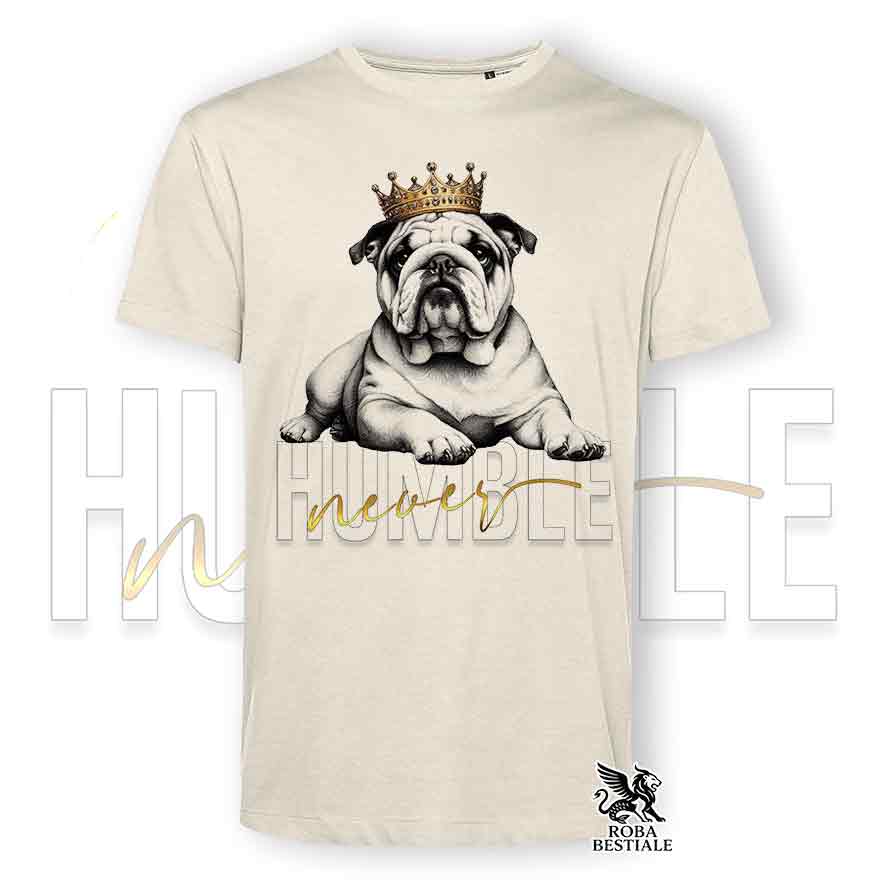 T-shirt stampata con un Bulldog Inglese, colore beige con grafica Never Humble