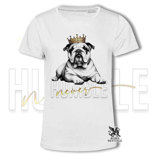 T-shirt stampata con un Bulldog Inglese, colore bianco con grafica Never Humble