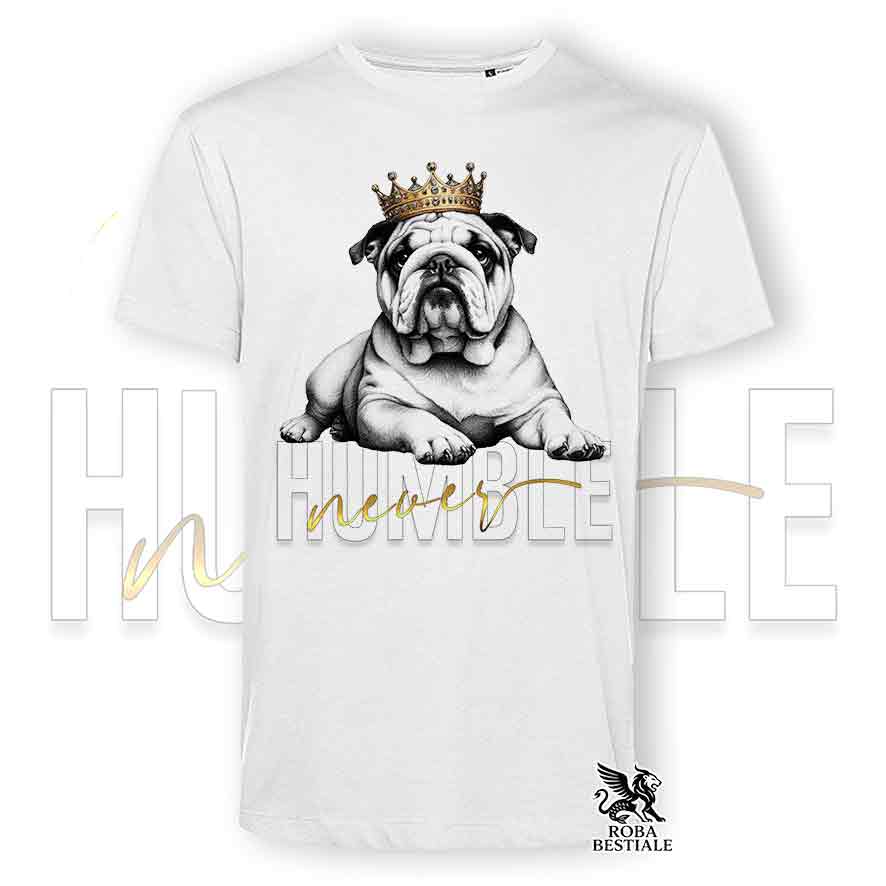 T-shirt stampata con un Bulldog Inglese, colore bianco con grafica Never Humble