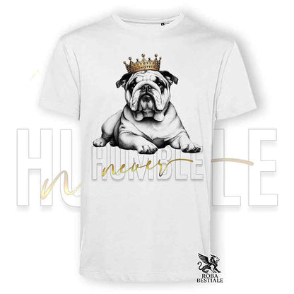 T-shirt stampata con un Bulldog Inglese, colore bianco con grafica Never Humble