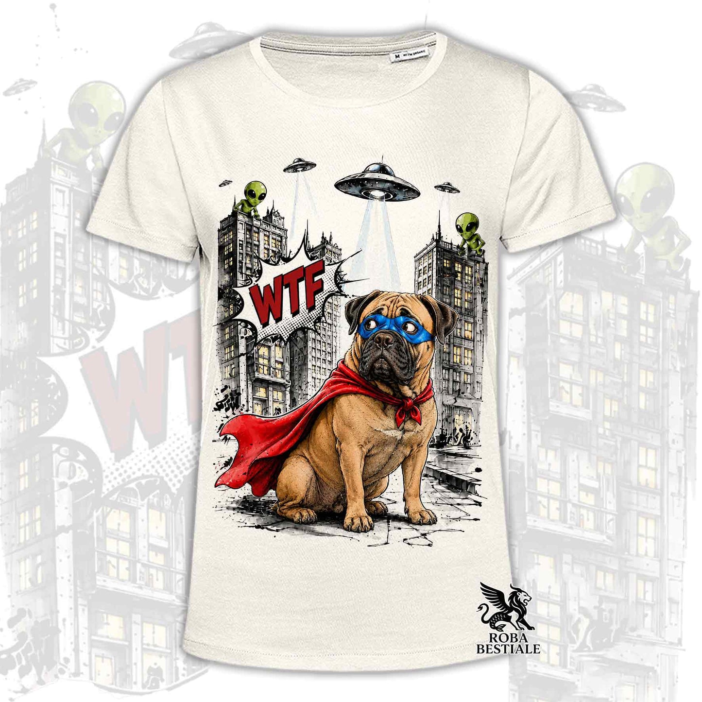 T-shirt beige stampata con un Bullmastiff con espressione sorpresa, vestito da Super Eroe. Grafica originale Roba Bestiale, collezione Hero