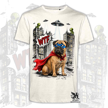 T-shirt beige stampata con un Bullmastiff con espressione sorpresa, vestito da Super Eroe. Grafica originale Roba Bestiale, collezione Hero