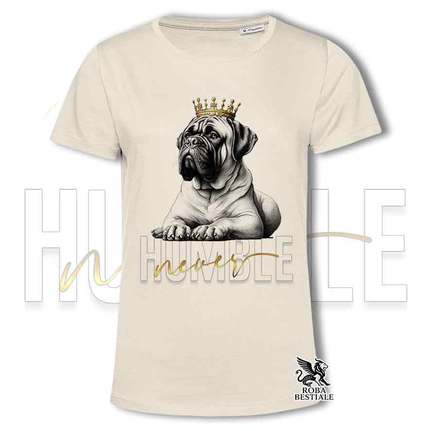 T-shirt stampata con un Bullmastiff, colore beige con grafica Never Humble