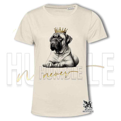 T-shirt stampata con un Bullmastiff, colore beige con grafica Never Humble