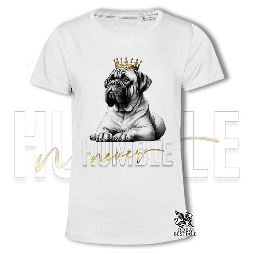 T-shirt stampata con un Bullmastiff, colore bianco con grafica Never Humble