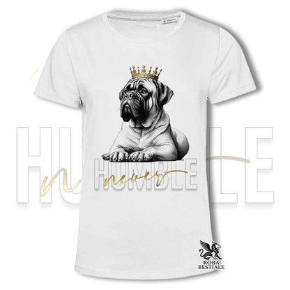 T-shirt stampata con un Bullmastiff, colore bianco con grafica Never Humble