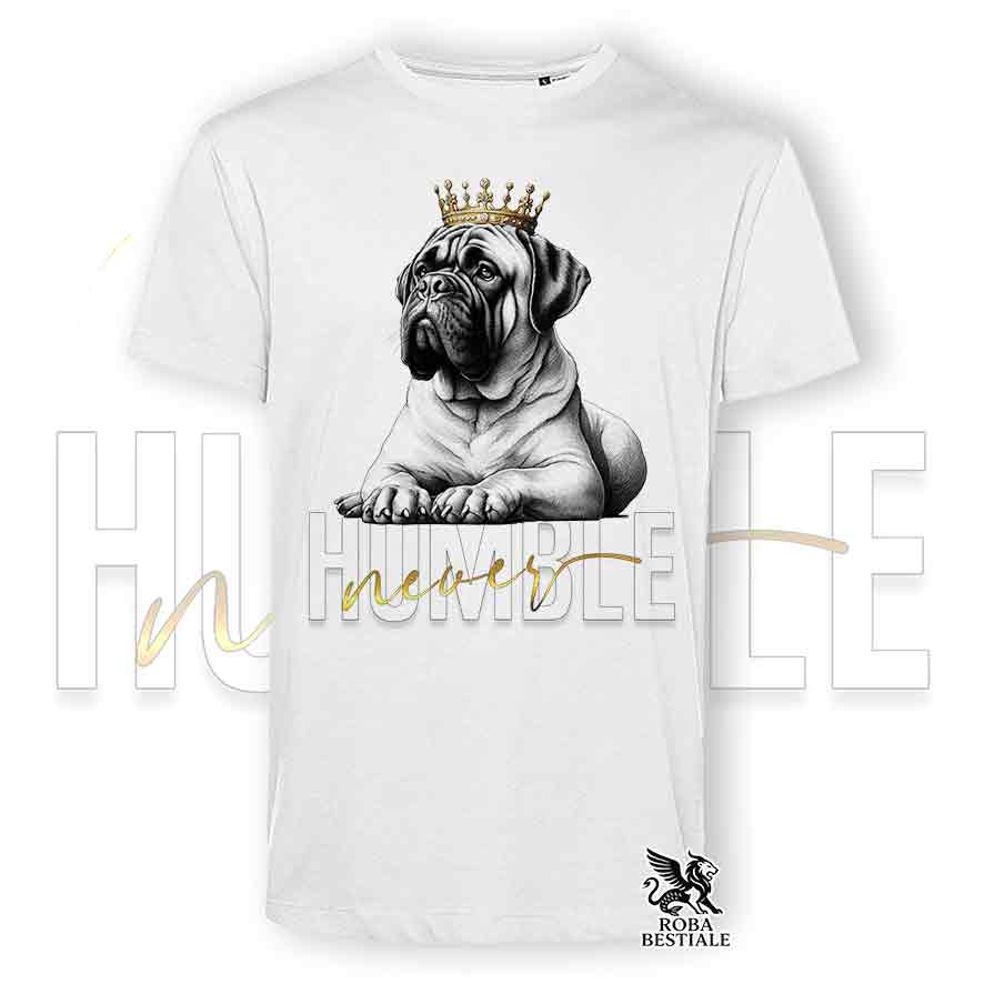 T-shirt stampata con un Bullmastiff, colore bianco con grafica Never Humble