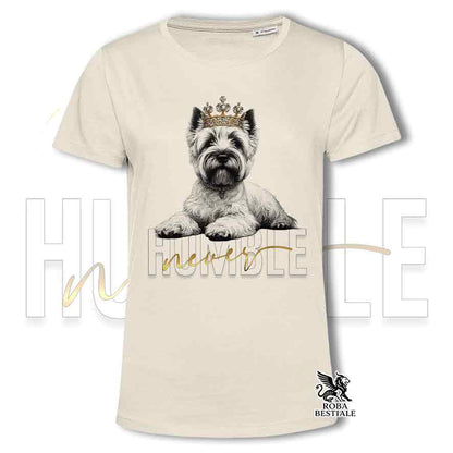 T-shirt stampata con un Cairn Terrier grano, colore beige con grafica Never Humble