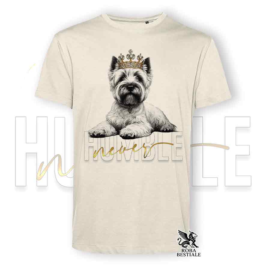 T-shirt stampata con un Cairn Terrier grano, colore beige con grafica Never Humble