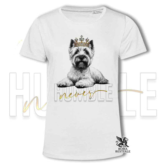 T-shirt stampata con un Cairn Terrier grano, colore bianco con grafica Never Humble
