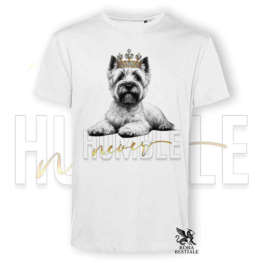 T-shirt stampata con un Cairn Terrier grano, colore bianco con grafica Never Humble