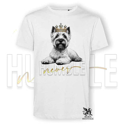 T-shirt stampata con un Cairn Terrier grano, colore bianco con grafica Never Humble