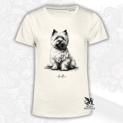 T-shirt beige stampata con un Cairn Terrier, grafica Doodle