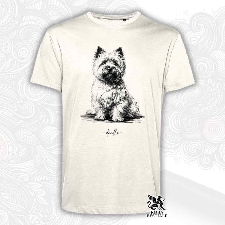 T-shirt beige stampata con un Cairn Terrier, grafica Doodle