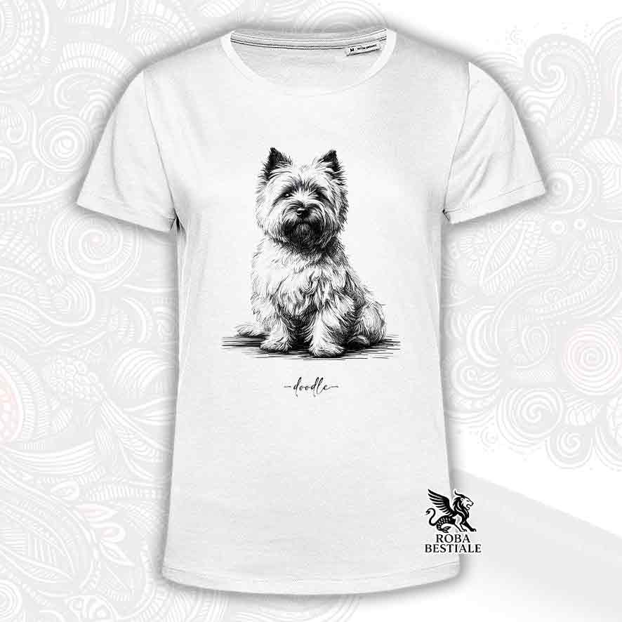T-shirt bianca stampata con un Cairn Terrier, grafica Doodle