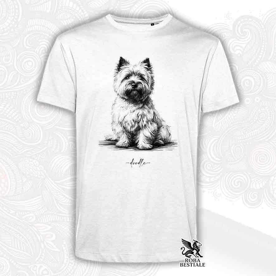 T-shirt bianca stampata con un Cairn Terrier, grafica Doodle