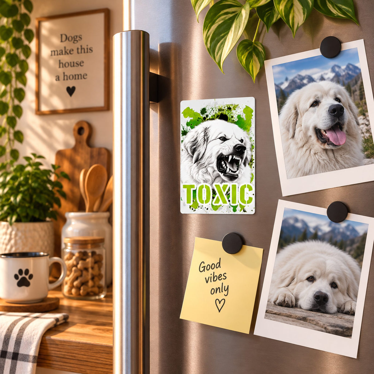 Calamita in MDF con la stampa di un Cane da Montagna dei Pirenei. Idea regalo per amanti dei cani, da Roba Bestiale
