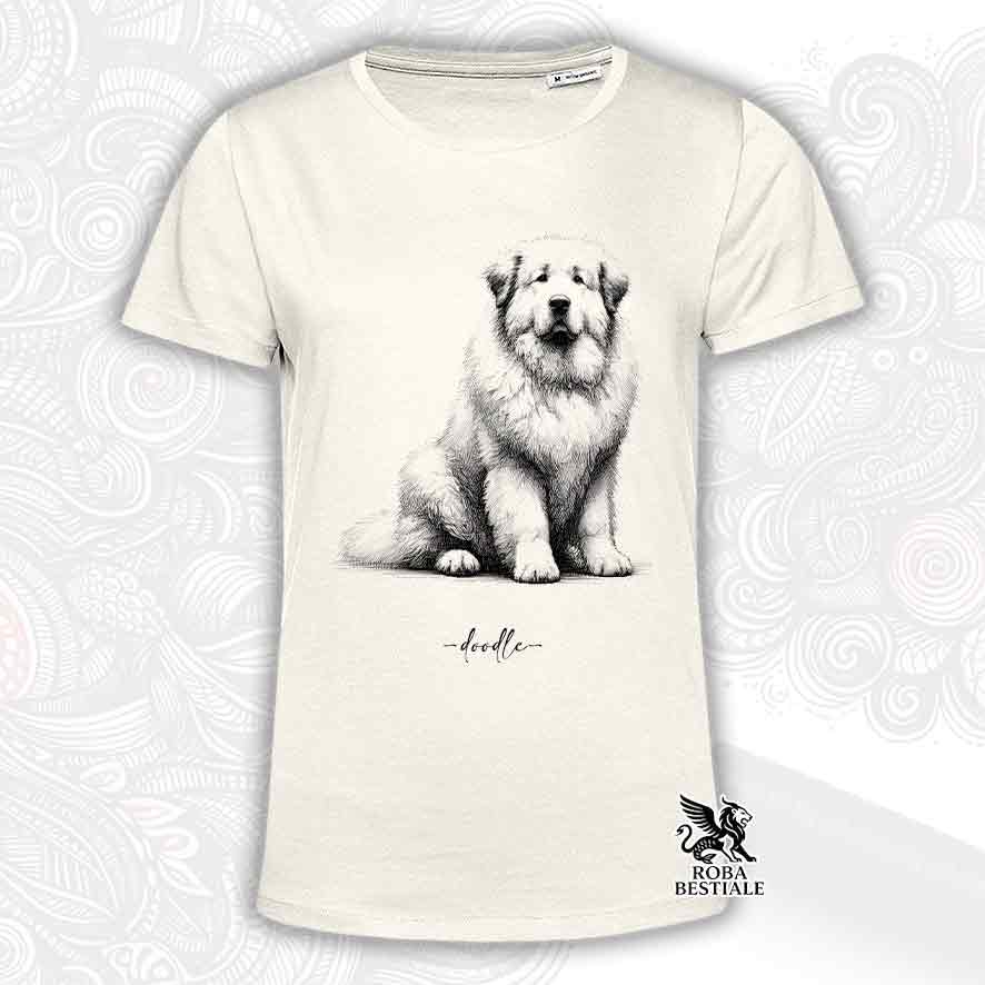 T-shirt beige stampata con un Cane da Montagna dei Pirenei, grafica Doodle
