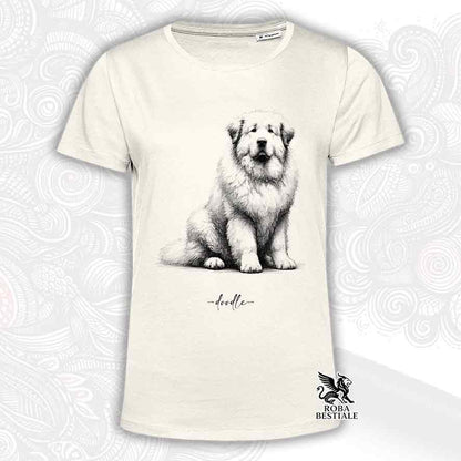 T-shirt beige stampata con un Cane da Montagna dei Pirenei, grafica Doodle