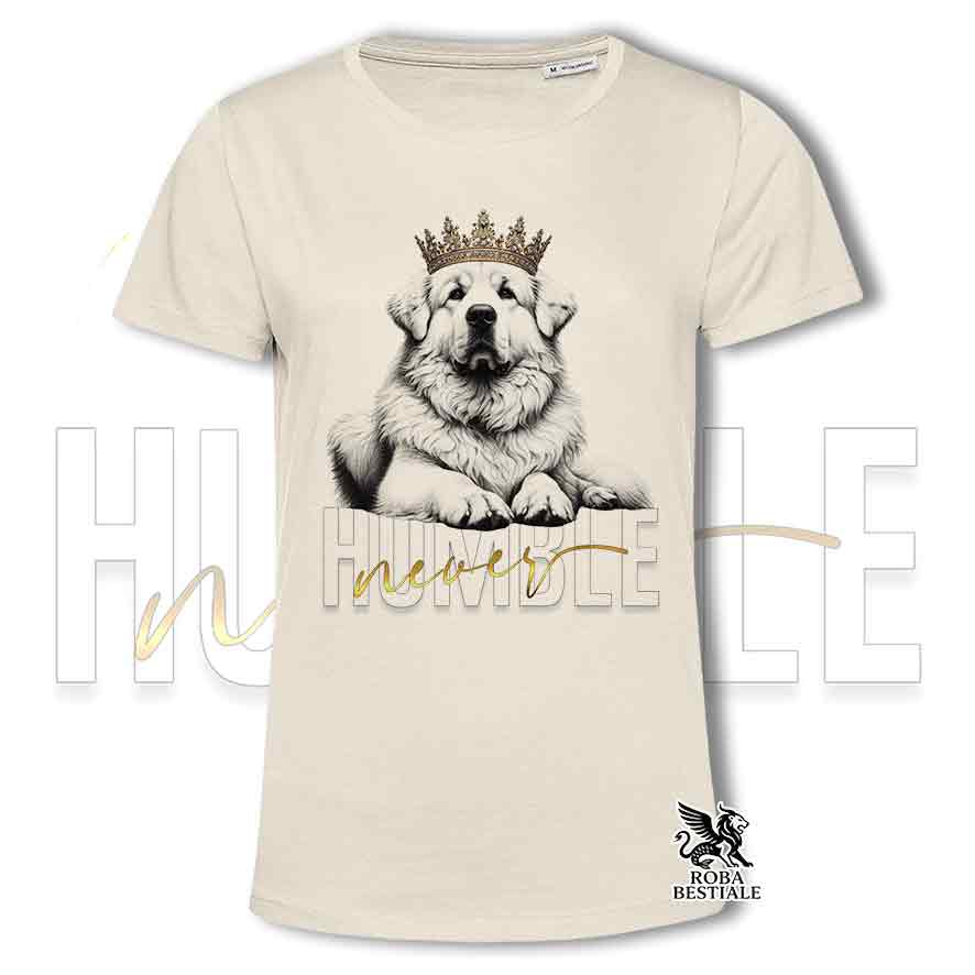 T-shirt stampata con un Cane da Montagna dei Pirenei, colore beige con grafica Never Humble