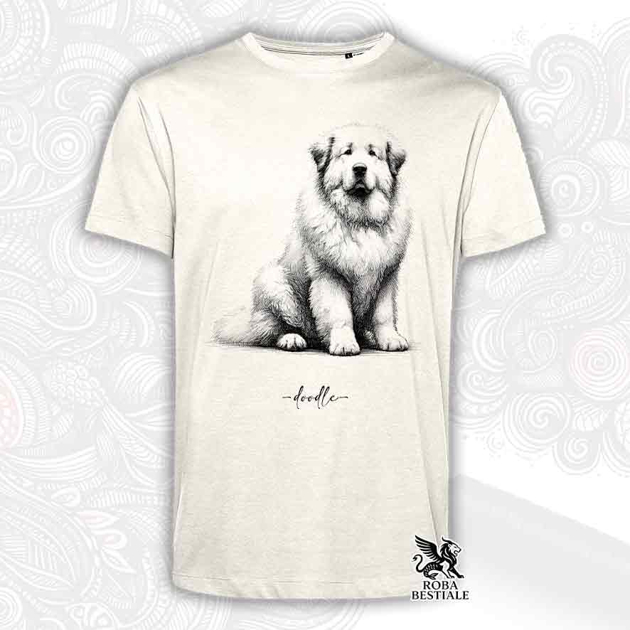 T-shirt beige stampata con un Cane da Montagna dei Pirenei, grafica Doodle