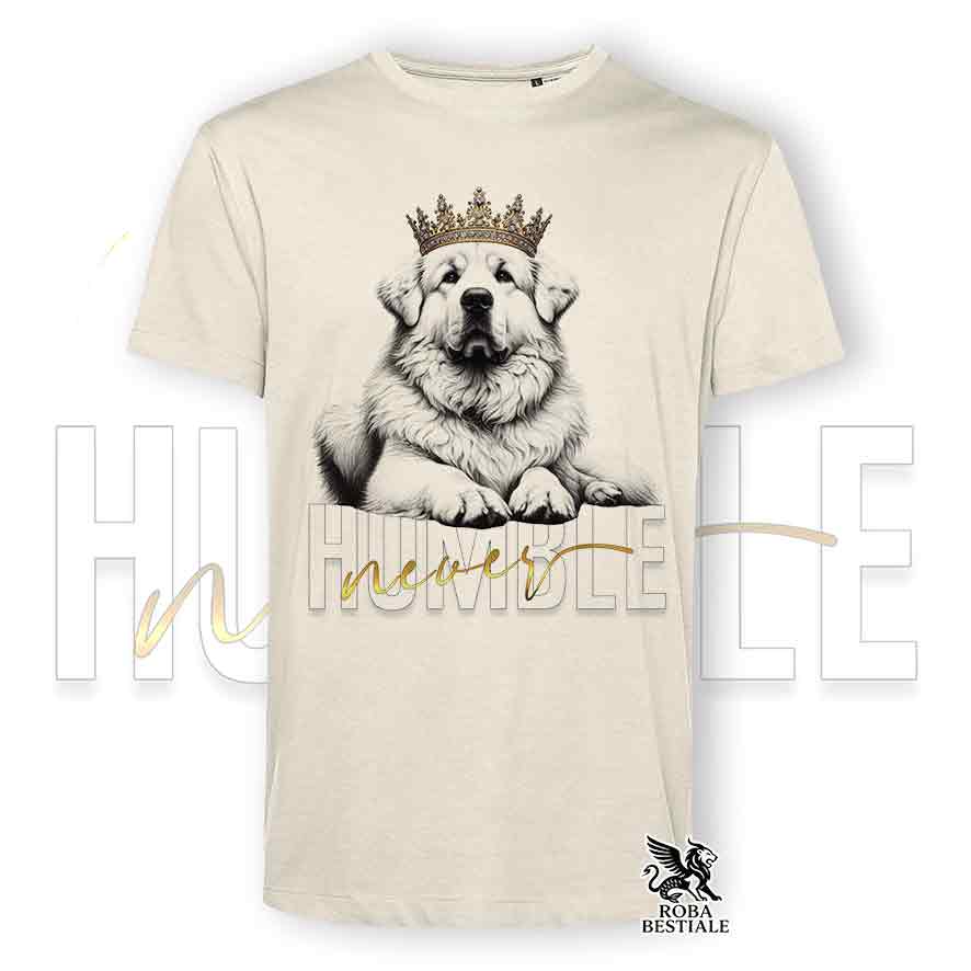 T-shirt stampata con un Cane da Montagna dei Pirenei, colore beige con grafica Never Humble