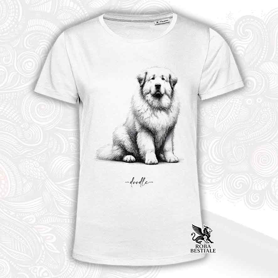 T-shirt bianca stampata con un Cane da Montagna dei Pirenei, grafica Doodle