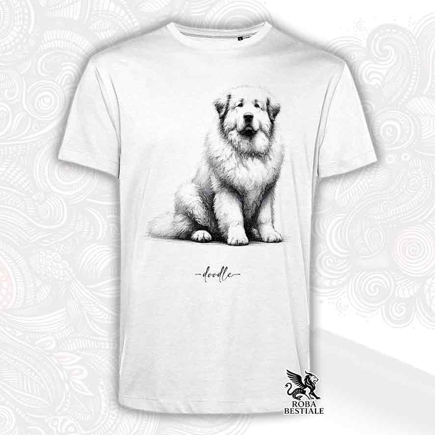 T-shirt bianca stampata con un Cane da Montagna dei Pirenei, grafica Doodle