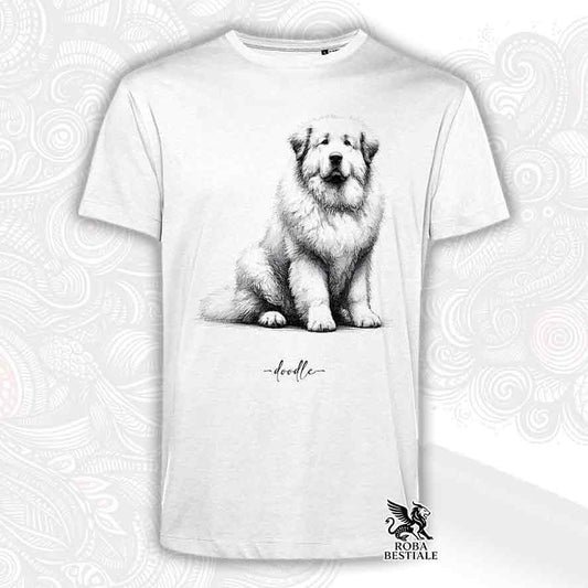 T-shirt bianca stampata con un Cane da Montagna dei Pirenei, grafica Doodle