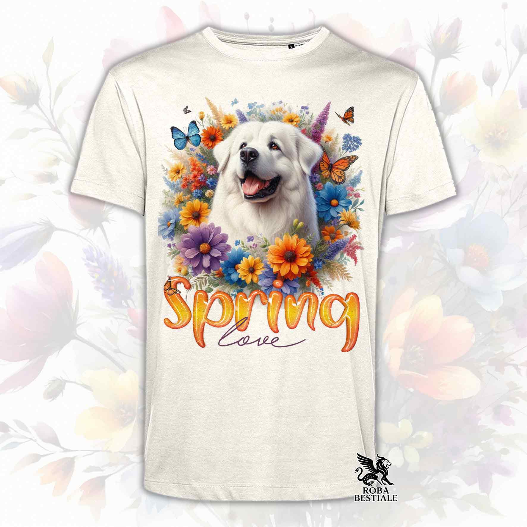 Una t-shirt beige stampata con un Pastore Abruzzese Maremmano immerso in fiori colorati. Collezione Spring Love di Roba Bestiale