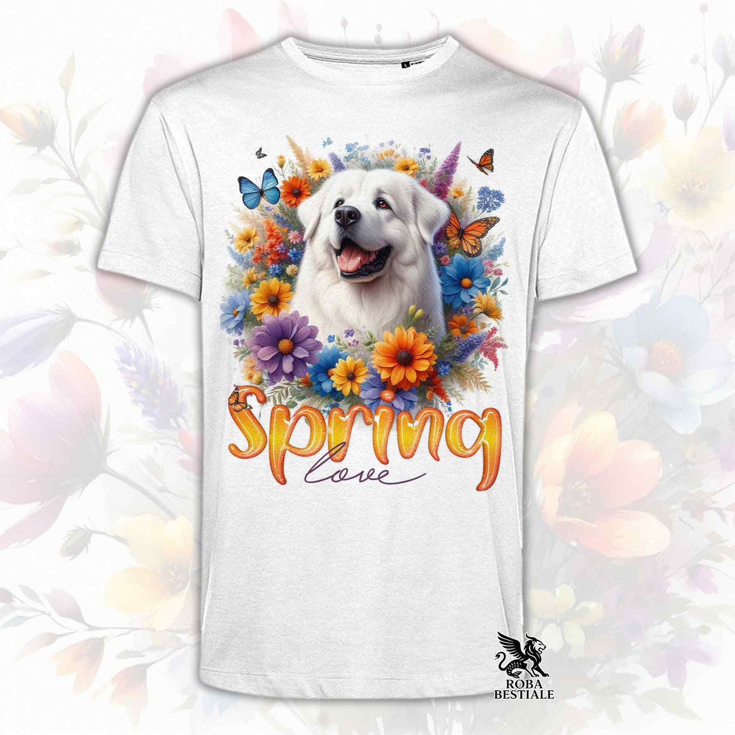 Una t-shirt bianca stampata con un Pastore Abruzzese Maremmano immerso in fiori colorati. Collezione Spring Love di Roba Bestiale