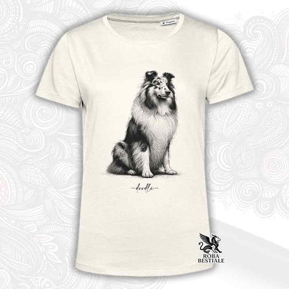 T-shirt beige stampata con un Cane da Pastore Scozzese a pelo lungo, grafica Doodle