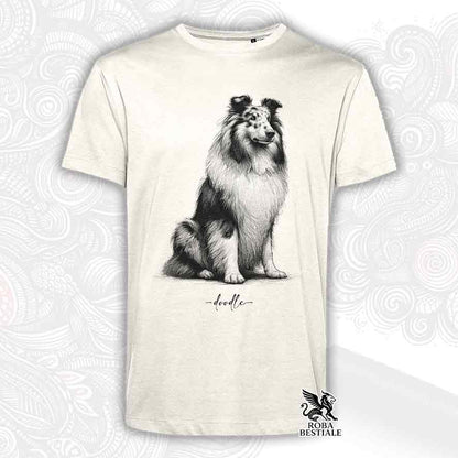T-shirt beige stampata con un Cane da Pastore Scozzese a pelo lungo, grafica Doodle
