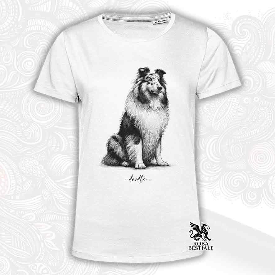 T-shirt bianca stampata con un Cane da Pastore Scozzese a pelo lungo, grafica Doodle