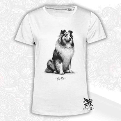 T-shirt bianca stampata con un Cane da Pastore Scozzese a pelo lungo, grafica Doodle