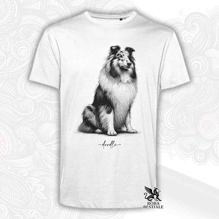 T-shirt bianca stampata con un Cane da Pastore Scozzese a pelo lungo, grafica Doodle