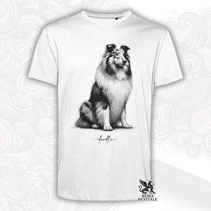 T-shirt bianca stampata con un Cane da Pastore Scozzese a pelo lungo, grafica Doodle