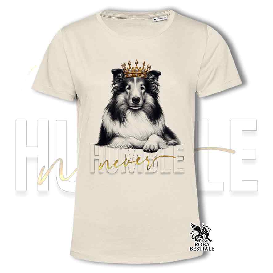 T-shirt stampata con un Cane da Pastore Scozzese a pelo lungo, colore beige con grafica Never Humble