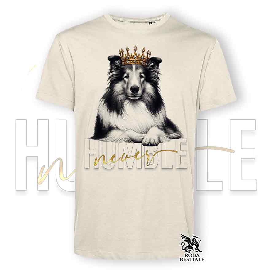 T-shirt stampata con un Cane da Pastore Scozzese a pelo lungo, colore beige con grafica Never Humble