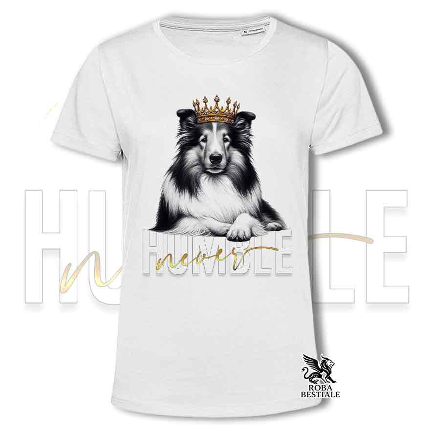 T-shirt stampata con un Cane da Pastore Scozzese a pelo lungo, colore bianco con grafica Never Humble