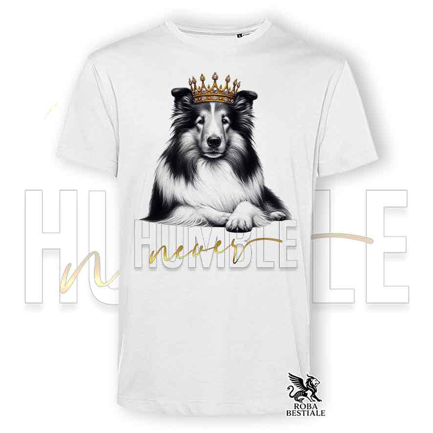 T-shirt stampata con un Cane da Pastore Scozzese a pelo lungo, colore bianco con grafica Never Humble