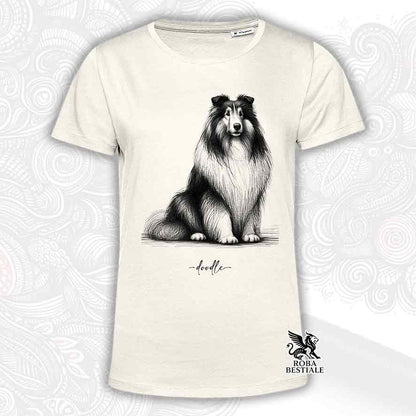 T-shirt beige stampata con uno Cane da Pastore Scozzese a pelo lungo, grafica Doodle